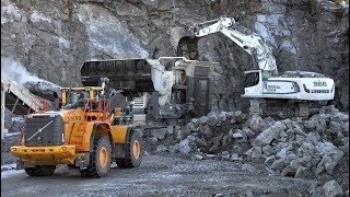 Liebherr R966  Volvo L350F working on Metso Crushers in quarry [upl. by Nalac558]