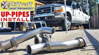 2001 F350 73  RiffRaff UpPipes Install  Stock up pipes leaking and falling apart JUNK SP [upl. by Colleen715]