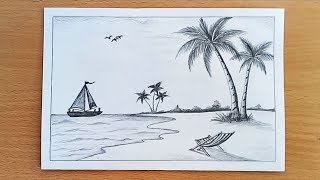 How to draw Sea Beach scenery with pencil sketch Step by stepeasy draw [upl. by Kowatch]